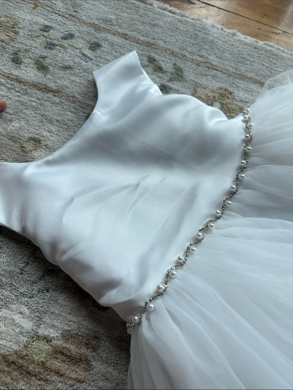 White Satin & Tulle flower girl Dress with Beaded Waist